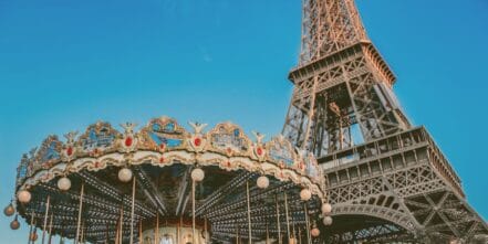 Eiffel Tower and carousel vintage shops in Paris